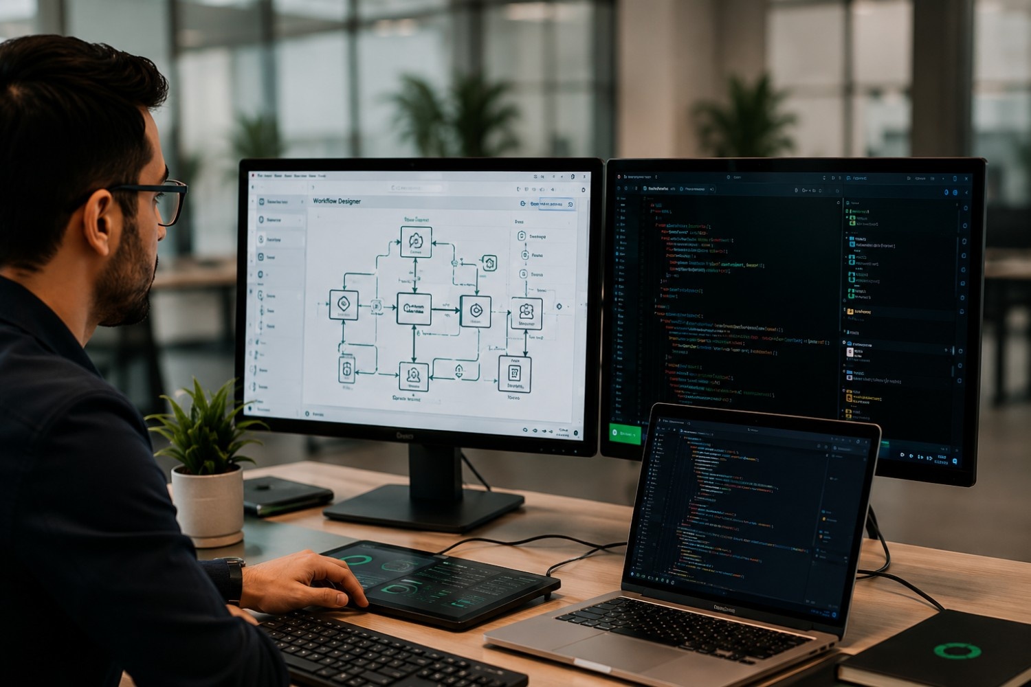 Focused programmer in a sleek workspace