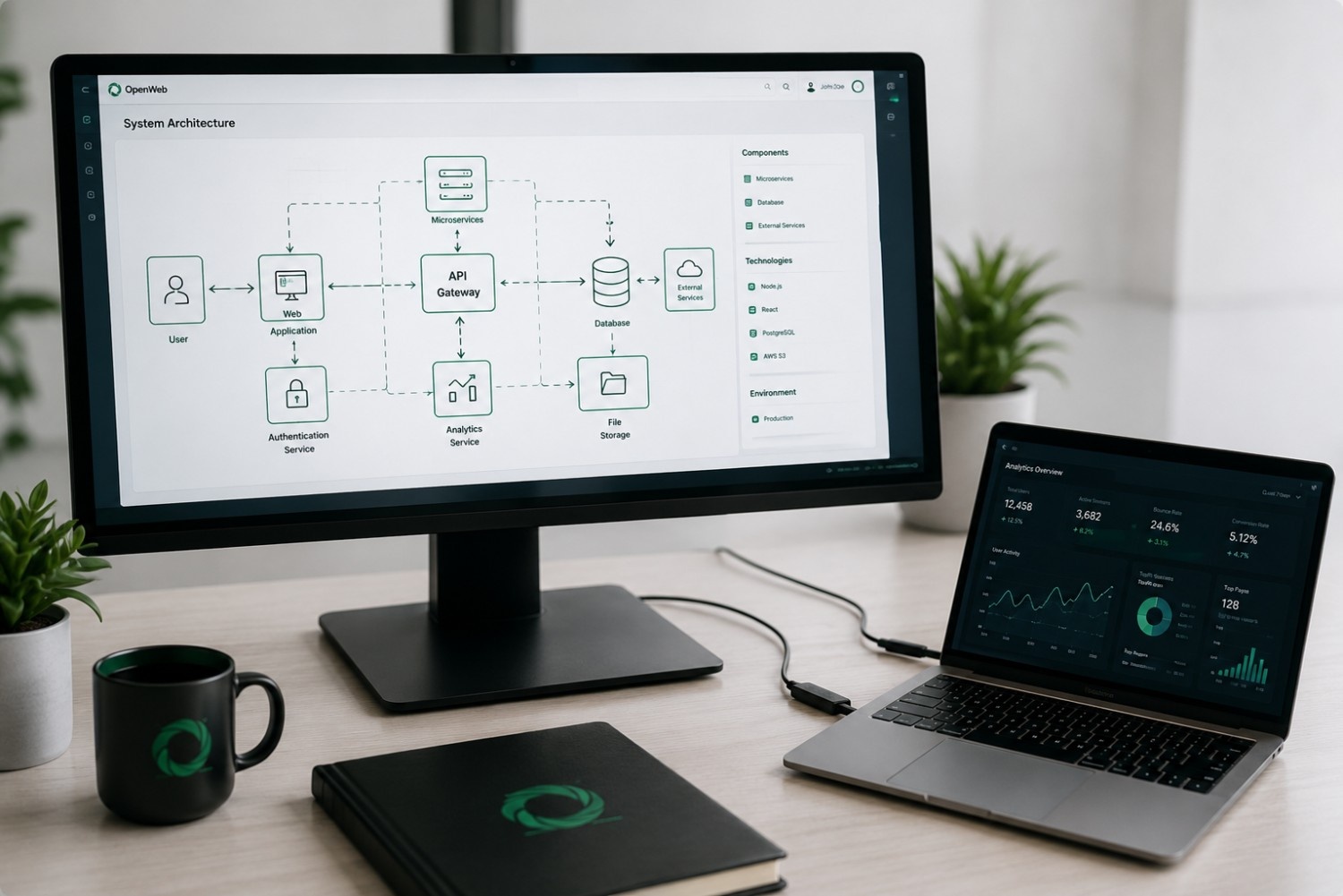 Minimalist tech workspace with dashboard