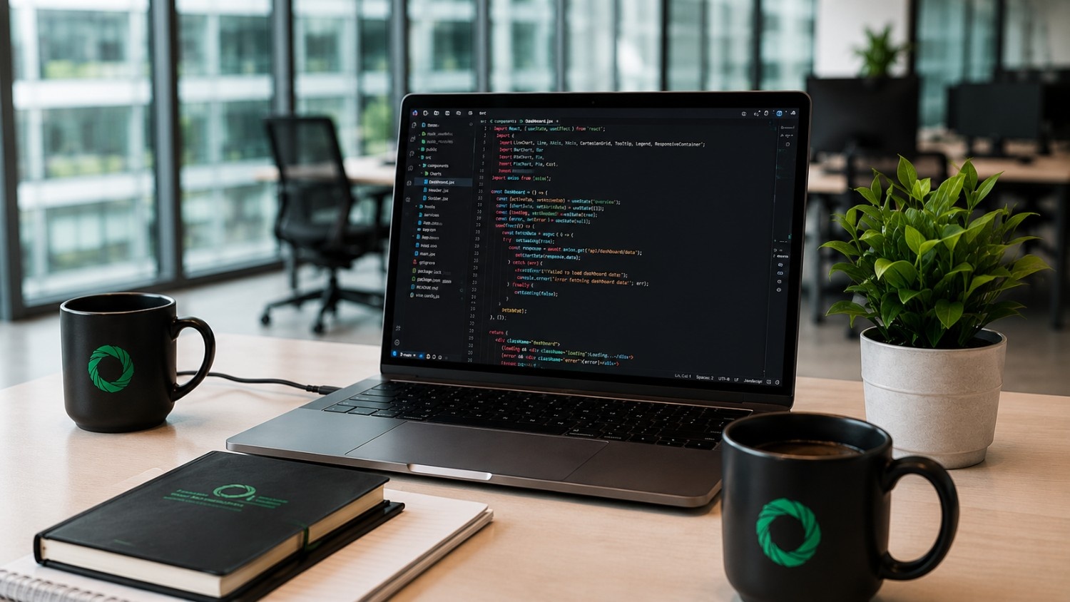 Modern office desk with coding setup