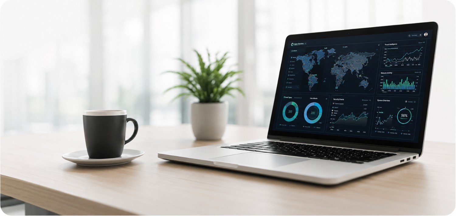 Modern office desk with cybersecurity dashboard