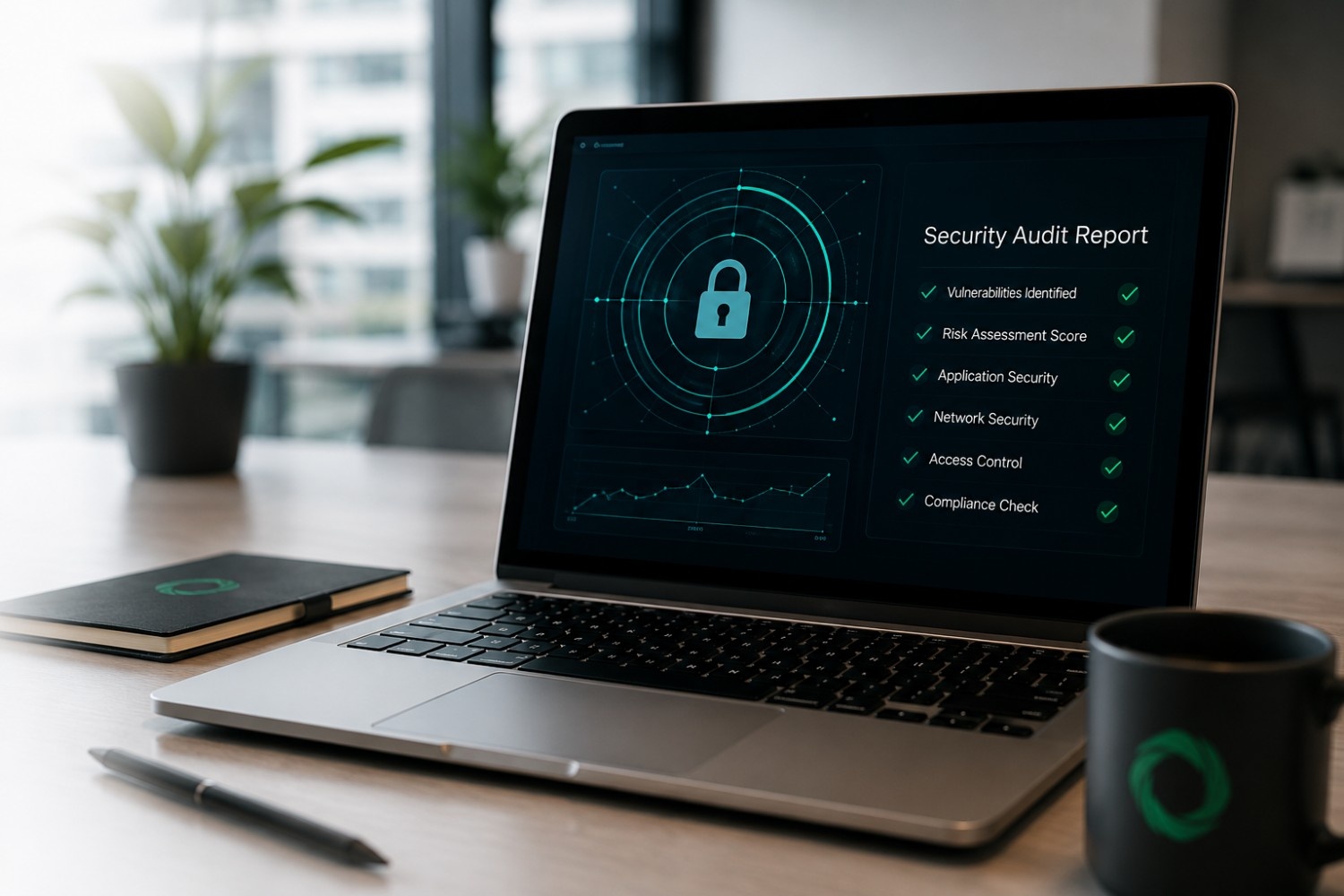Modern office desk with security dashboard
