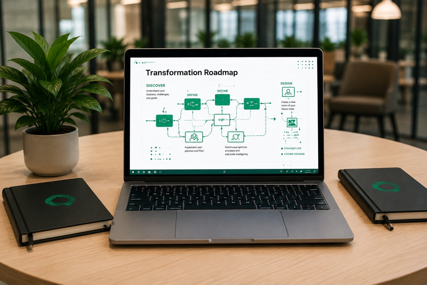 Modern office workspace with roadmap diagram